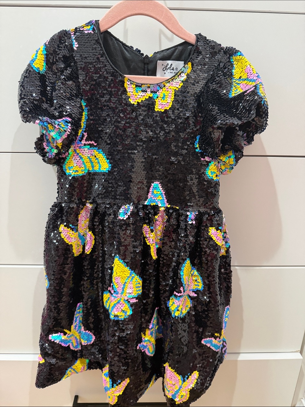Lola + The Boys Black Sequin Dress with Yellow, Blue and Pink Butterfly Accents
